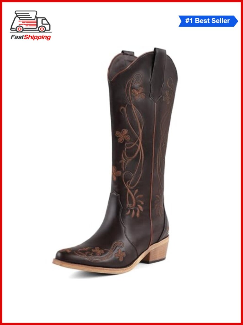 ✨ Knee High Cowboy Boots Women Faux Leather Embroidered Chunky Heel Western